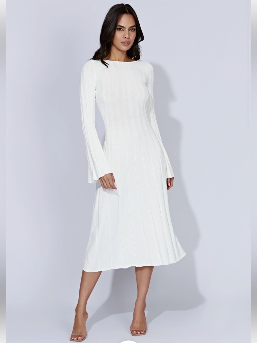 Meshki Juniper Flare Sleeve Knit Midi Dress - White